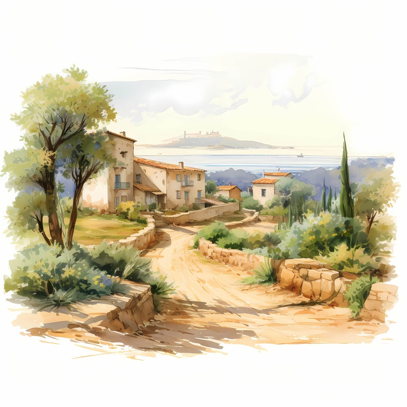Mediterranean Landscape Watercolor Clipart Bundle, Mediterranean Landscape Printable Sketch, Card Making, Mediterranean Scenery, Commercial Use