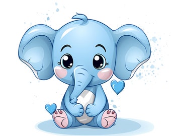 Cute Blue Elephant Watercolor PNG Clipart, Blue Elephant Birthday Invitation Set, Scrapbook Image, Baby Shower, Baby Blue Elephant Cover Art