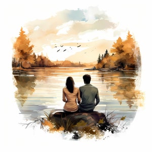 Lot aquarelle couple romantique Saint-Valentin, ensemble d'illustrations de paysages au bord du lac couple heureux, clipart couple amoureux, usage Commercial