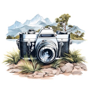 May include: A vintage silver camera with a black leather body and a large lens. The camera is sitting on a bed of green grass and rocks in front of a watercolor painting of mountains and a lake.