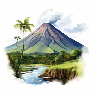 Set di schizzi ad acquerello del Parco Nazionale del vulcano Arenal, Arte dello schizzo stampabile del Parco Nazionale del vulcano Arenal, Creazione di cartoline, Arte della parete delle meraviglie naturali