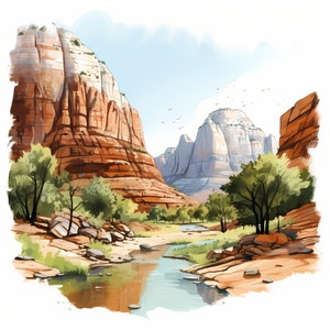 Paquete de arte de bocetos de acuarela del Parque Nacional Zion, conjunto de arte de bocetos imprimible del Parque Nacional Zion, papel digital, diario basura, arte de la pared de la naturaleza