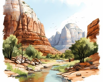 May include: Watercolor painting of a canyon landscape with red rock formations, a flowing river, and green trees. The sky is a light blue with a few birds in flight. The artwork evokes a sense of natural beauty and tranquility.
