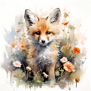 Niedliche Baby Fuchs Aquarell Clipart Bundle, Fuchs in der Wiese Clipart, Sublimationsdesign, Baby Fuchs und Blumen Clipart, Kinderzimmer Dekor, Werbung