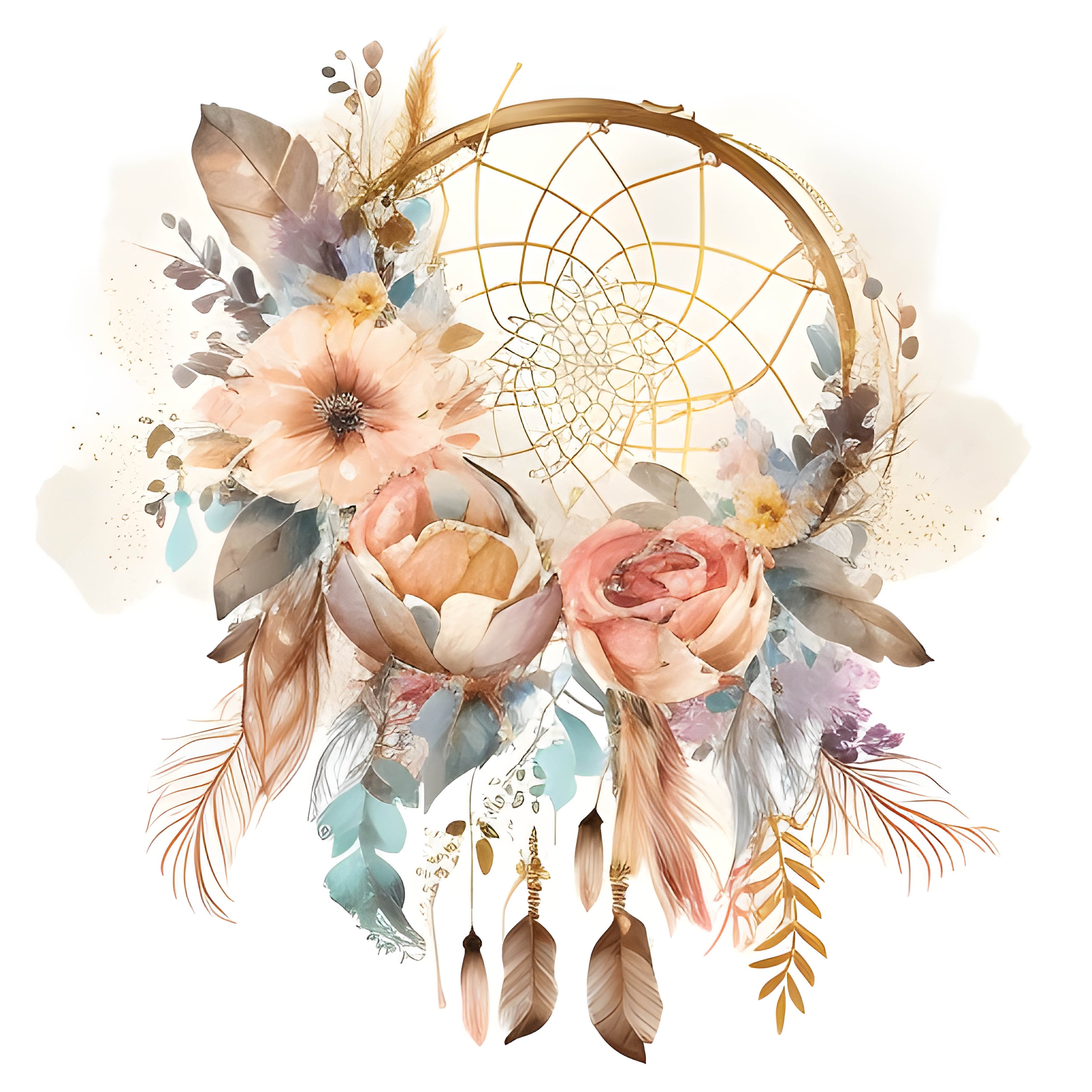 Gold Watercolor Dreamcatchers Clipart Tribal Feathers Boho - Etsy