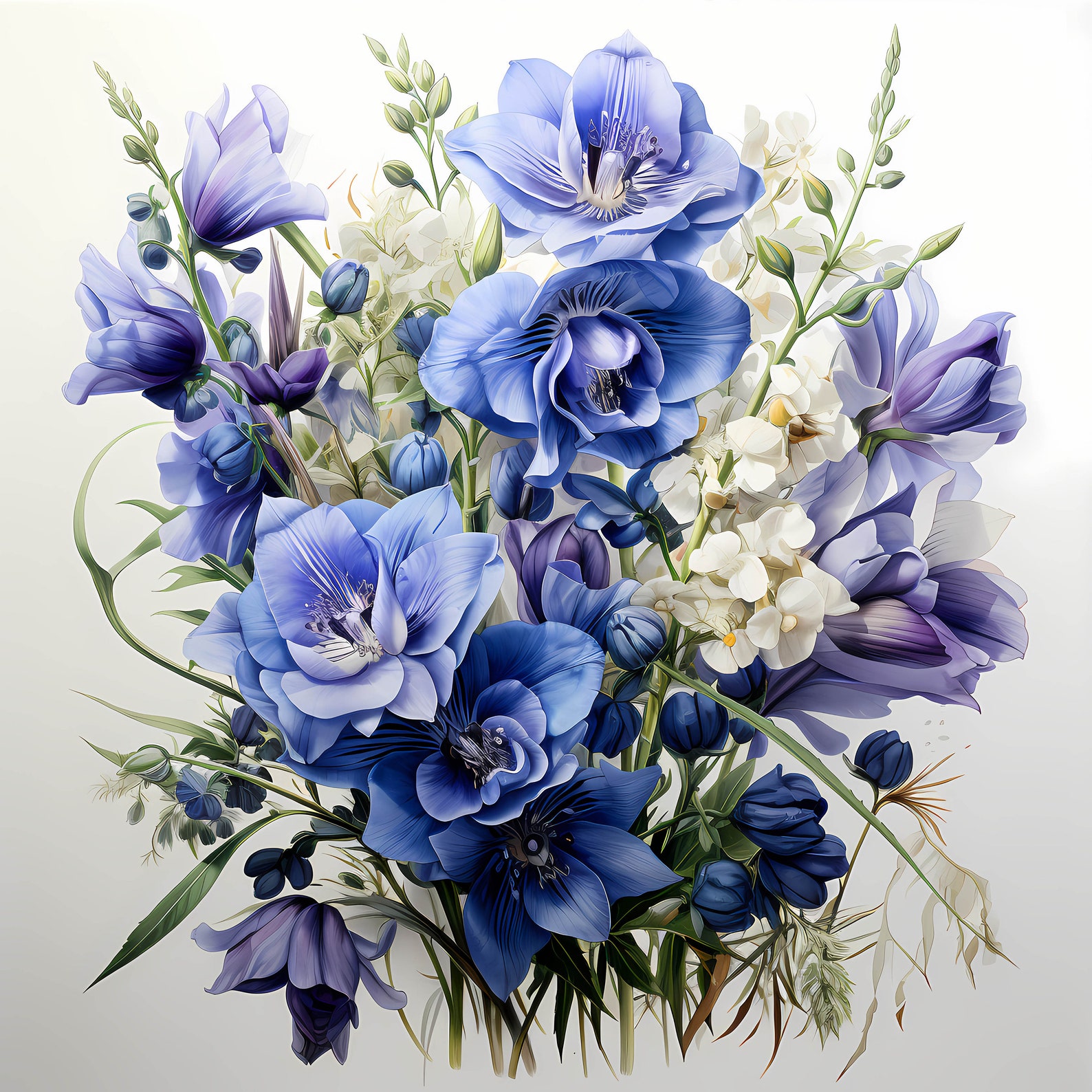 Larkspur Flowers Bouquet Watercolor Clipart, Floral Larkspur Bouquet