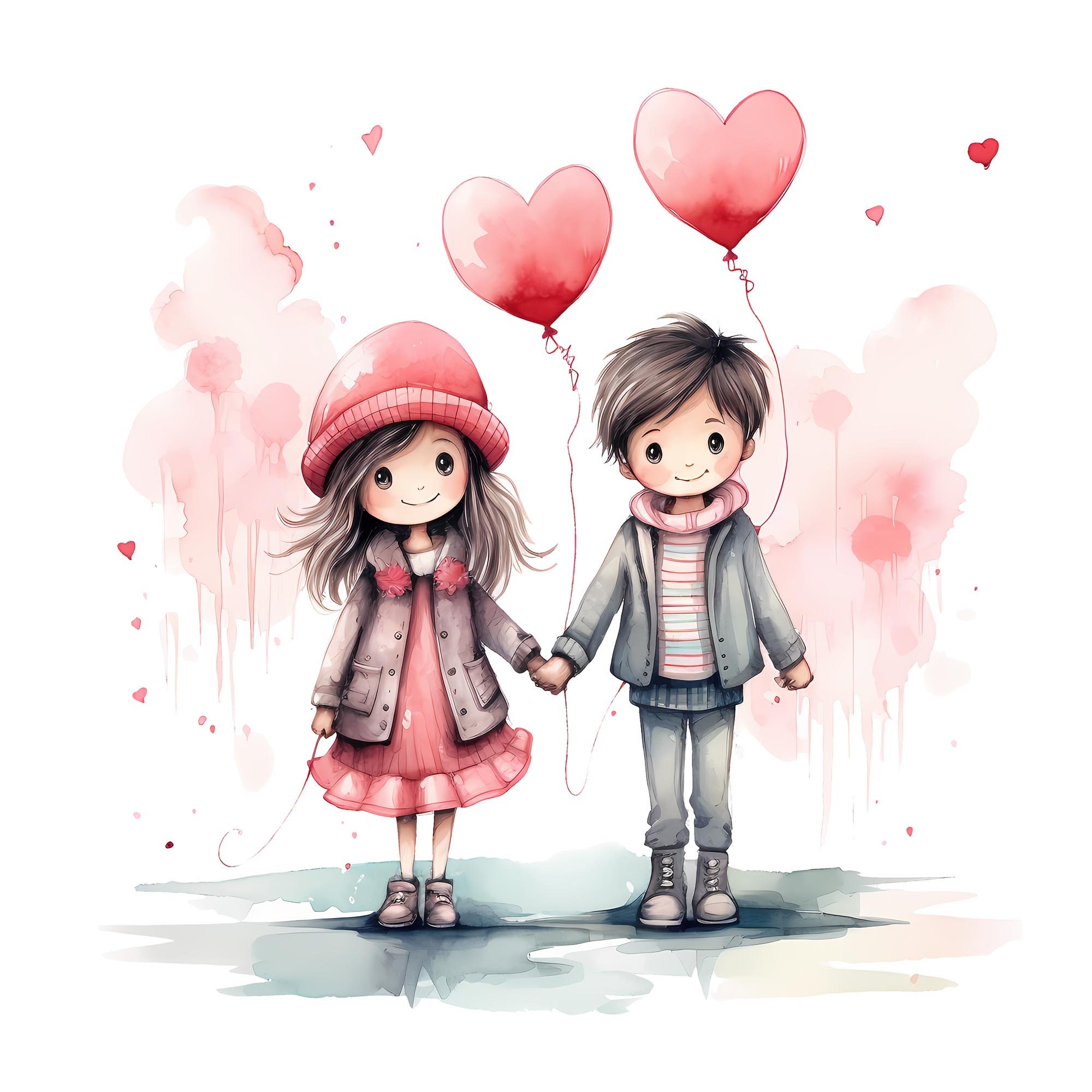 Cute Boy and Girl Holding Hands With a Heart Watercolor PNG Clipart ...