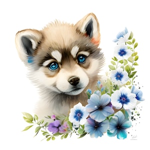 Cute Baby Wolf Watercolor Clipart Bundle, Funny Wolf Clipart, Sublimation Design, Baby Wolf and Flowers Clipart, Baby Shower, Nursery Decor