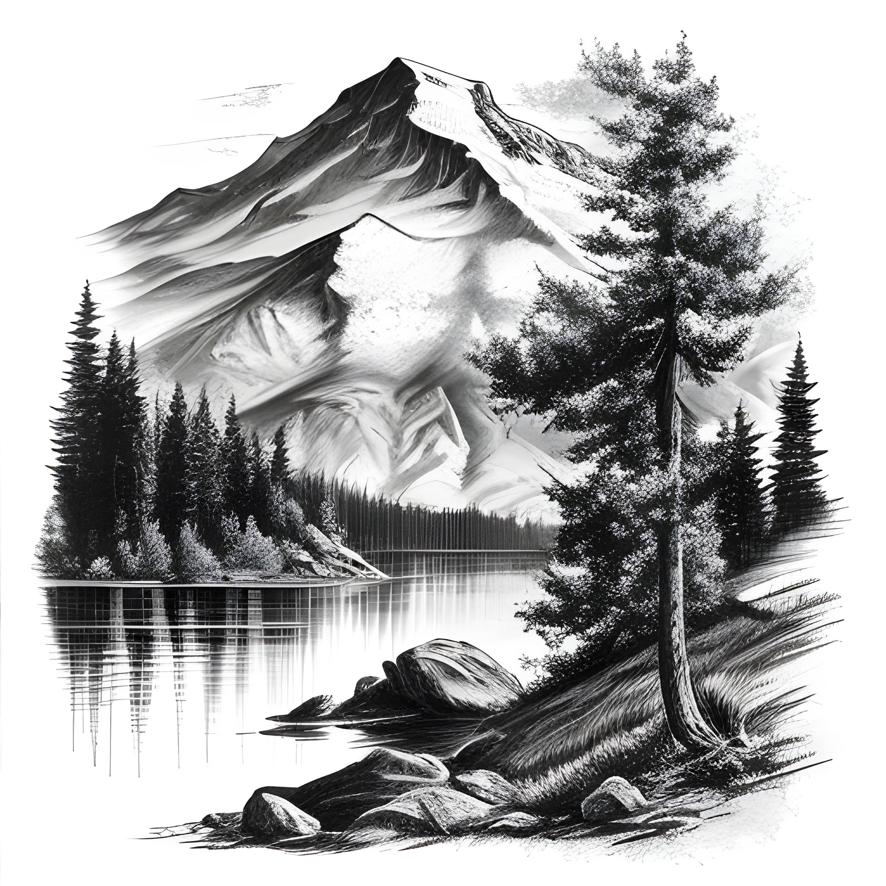 Minimalistisch geschetst berglandschap Lake clipart, bergmeer landschap  potloodschets kunst, landschap clipart, kaart maken, scrapbooking - Etsy  België, image size:3000x3000