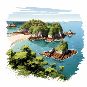 May include: A scenic view of a rocky coastline with lush green vegetation and a sandy beach. The water is a vibrant blue, and the sky is a clear light blue with wispy white clouds.