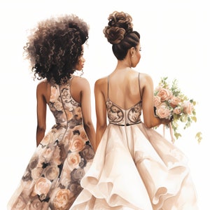 Puede incluir: Dos mujeres con atuendos formales, una con un vestido blanco con estampado floral y la otra con un vestido de estampado floral, caminando de espaldas a la cámara. La mujer con el vestido blanco lleva un ramo de rosas rosas.