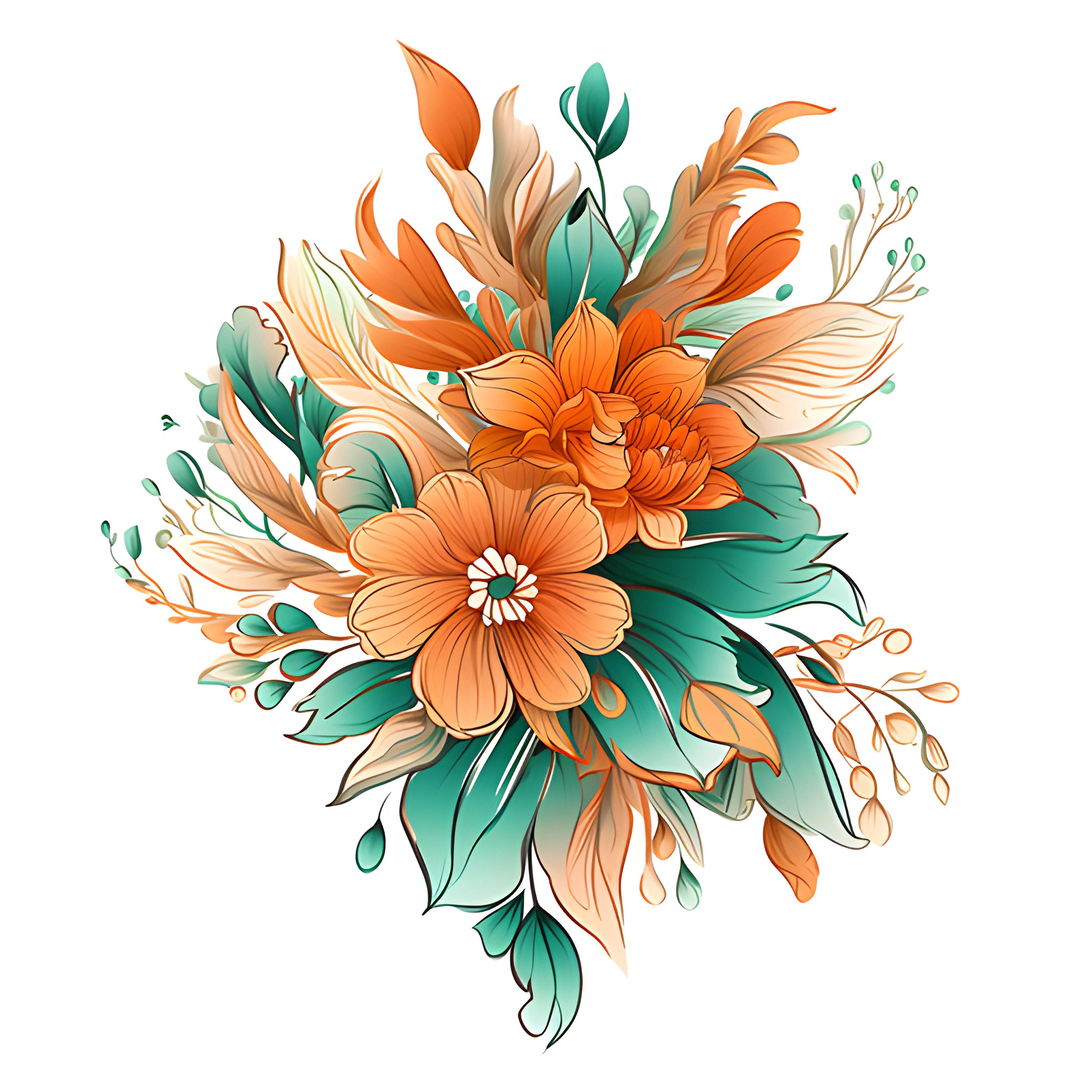 Watercolor Boho Flowers, Bohemian Flowers Beige Emerald Bouquet Clipart