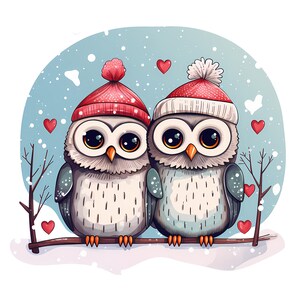 Paquete de imágenes prediseñadas PNG de acuarela de búho divertido, conjunto de invitación de cumpleaños de búho de pareja, imagen de búho de Navidad, baby shower, arte de pared de guardería, comercial