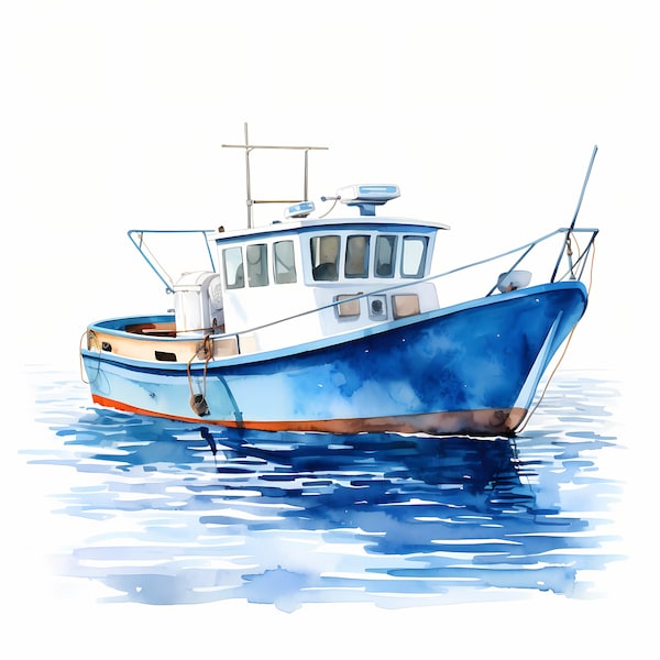 Bundle de cliparts aquarelle de bateau de pêche, ensemble d'illustrations aquarelle de bateau de pêche, décoration murale de bateau de pêche, téléchargement numérique, usage Commercial