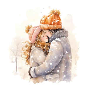 Paquete de imágenes prediseñadas de acuarela de pareja amorosa, hermoso conjunto PNG de pareja abrazada, ilustración romántica de escena de ambiente navideño feliz, pareja besándose