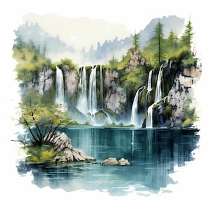 Plitvice Lakes National Park aquarel schets, Plitvice Lakes National Park afdrukbare schets kunst, kaart & planner maken, waterval kunst aan de muur