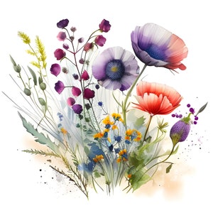 Illustrations de fleurs sauvages à l’aquarelle, Clipart bouquet de fleurs sauvages de printemps, fabrication de cartes, techniques mixtes, téléchargement instantané, utilisation commerciale