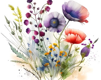 Watercolor Wild Flowers Clipart, Spring Bouquet Illustrations (Digital Download)