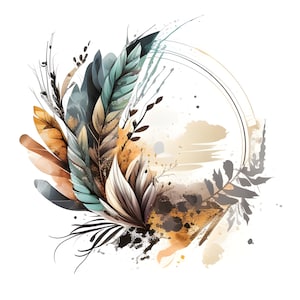 Clipart di bouquet di fiori e piume dell'acquerello, clipart Boho di fiori e piume, bouquet di nozze Boho, creazione di biglietti, scrapbooking, diario spazzatura