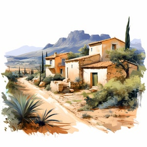 Mediterranean Landscape Watercolor Clipart Bundle, Mediterranean Landscape Printable Sketch, Card Making, Mediterranean Scenery, Commercial Use