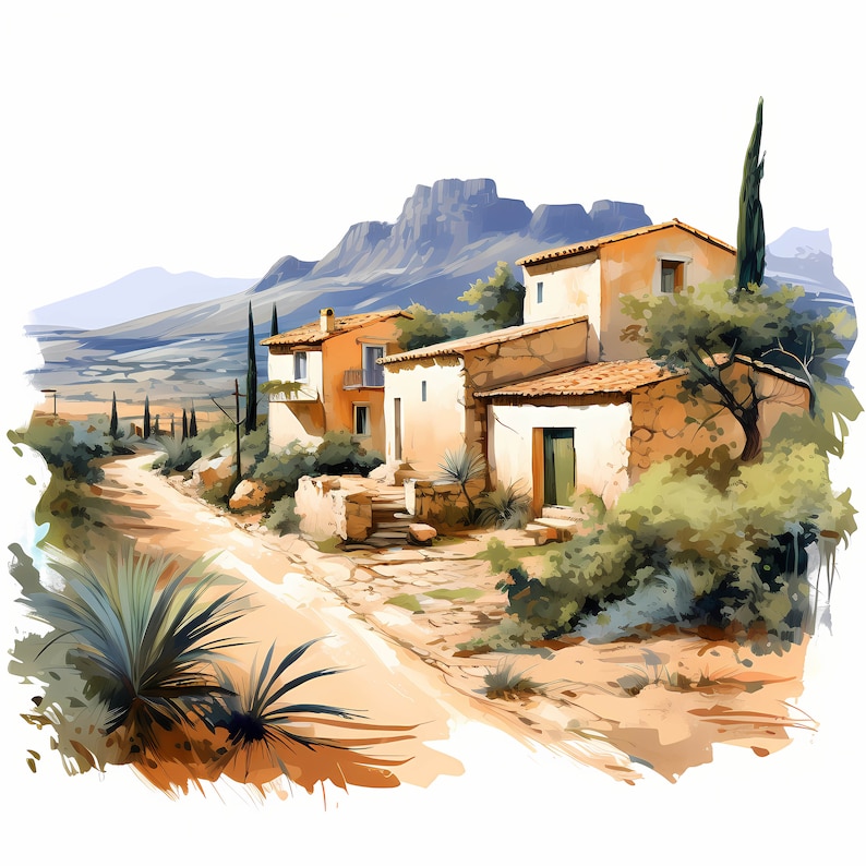 Mediterranean Landscape Watercolor Clipart Bundle, Mediterranean Landscape Printable Sketch, Card Making, Mediterranean Scenery, Commercial Use