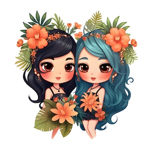 Lot d'illustrations florales pour filles Chibi, jolies filles Chibi, modèle filles Chibi coloré, Clipart fées Chibi, baby shower, décoration de chambre d'enfant