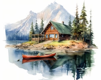 Romantische berghut aquarel clipart, kanomeer landschapsschets (digitale download)