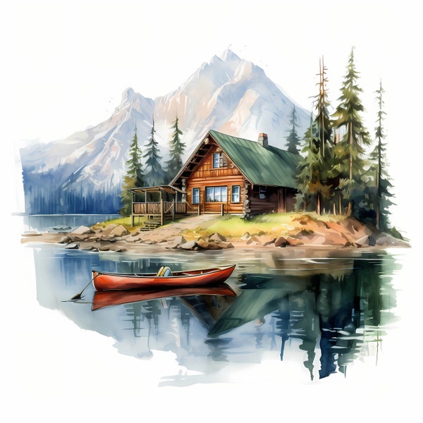 Bundle de cliparts aquarelle chalet de montagne romantique, ensemble de croquis imprimable chalet de montagne, fabrication de cartes, papier numérique, paysage de lac de montagne