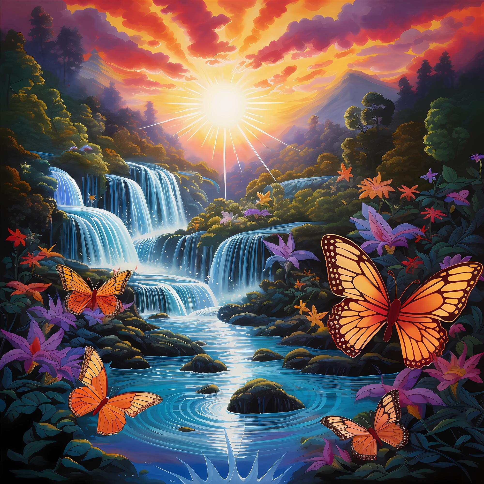 ウォールアート 風景画 蝶のいる滝の日の出のクリップアート、日の出の滝の絵画セット