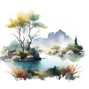 Aquarel berglandschap clipart, bergmeer landschap aquarel scènes, landschap clipart, kaart maken, scrapbooking, ongewenste Journal