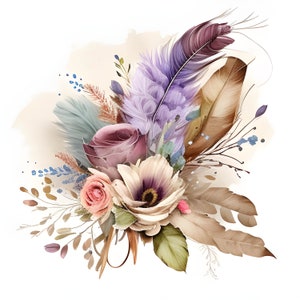 Clipart aquarelle bouquet de fleurs et de plumes, ensemble de fleurs et de plumes, bouquet de mariage, fabrication de cartes, scrapbooking, journal indésirable, publicité