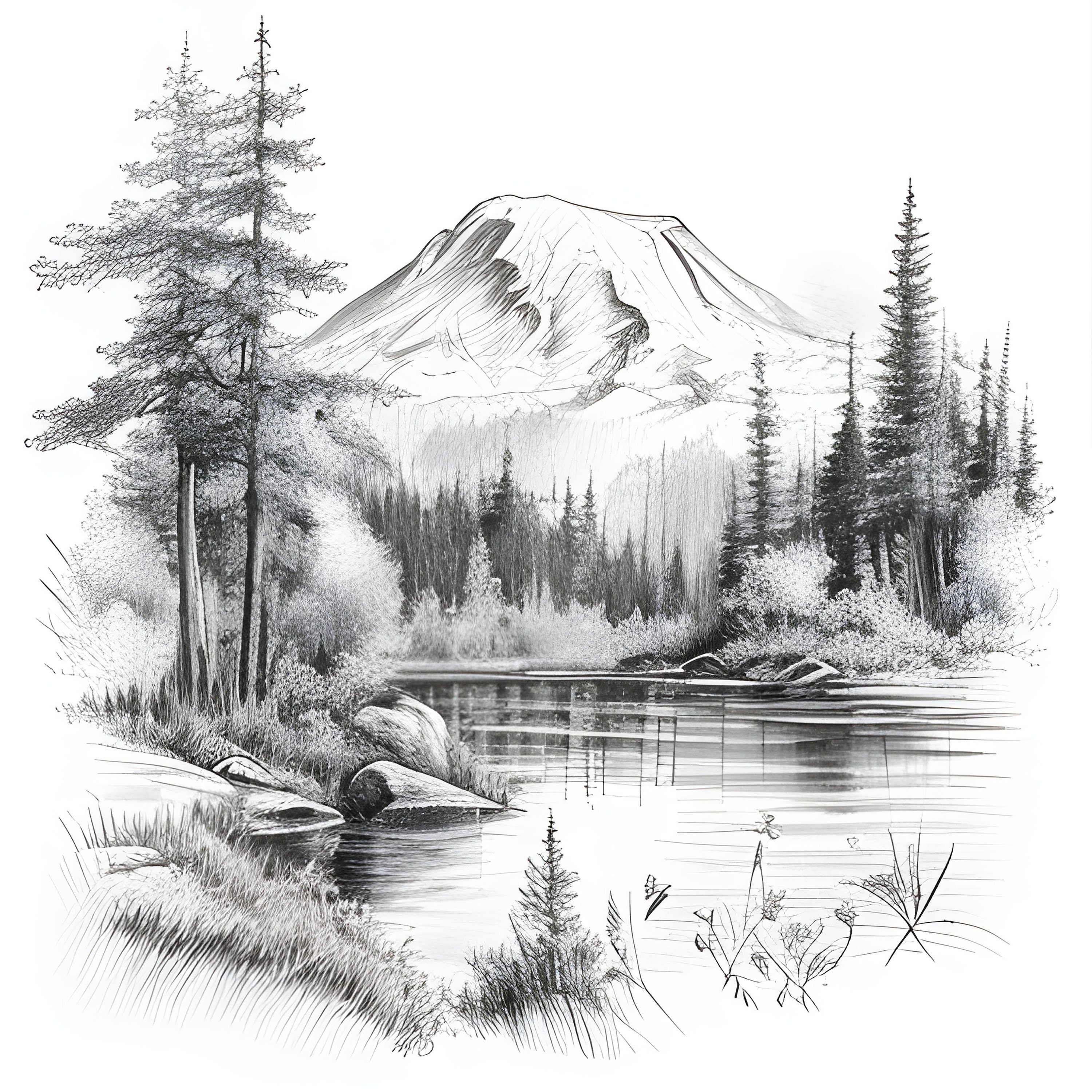 Minimalistisch geschetst berglandschap Lake clipart, bergmeer landschap  potloodschets kunst, landschap clipart, kaart maken, scrapbooking - Etsy  België, image size:3000x3000