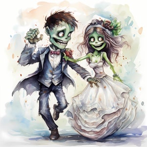 Szkic Halloween Zombie Pan Młody i Panna Młoda Akwarela Clipart, Halloween Zombie Pan Młody i Panna Młoda Zestaw, Frankenstein Pan Młody i Panna Młoda Ilustracje