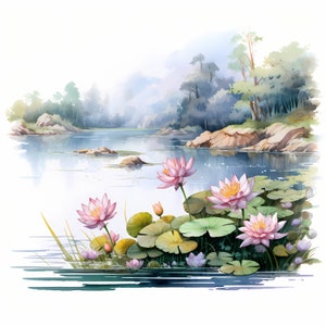 Serene River met lotusbloemen aquarel clipart bundel, Serene Lake met Lotus afdrukbare schetsset, kaart maken, landschap digitaal papier
