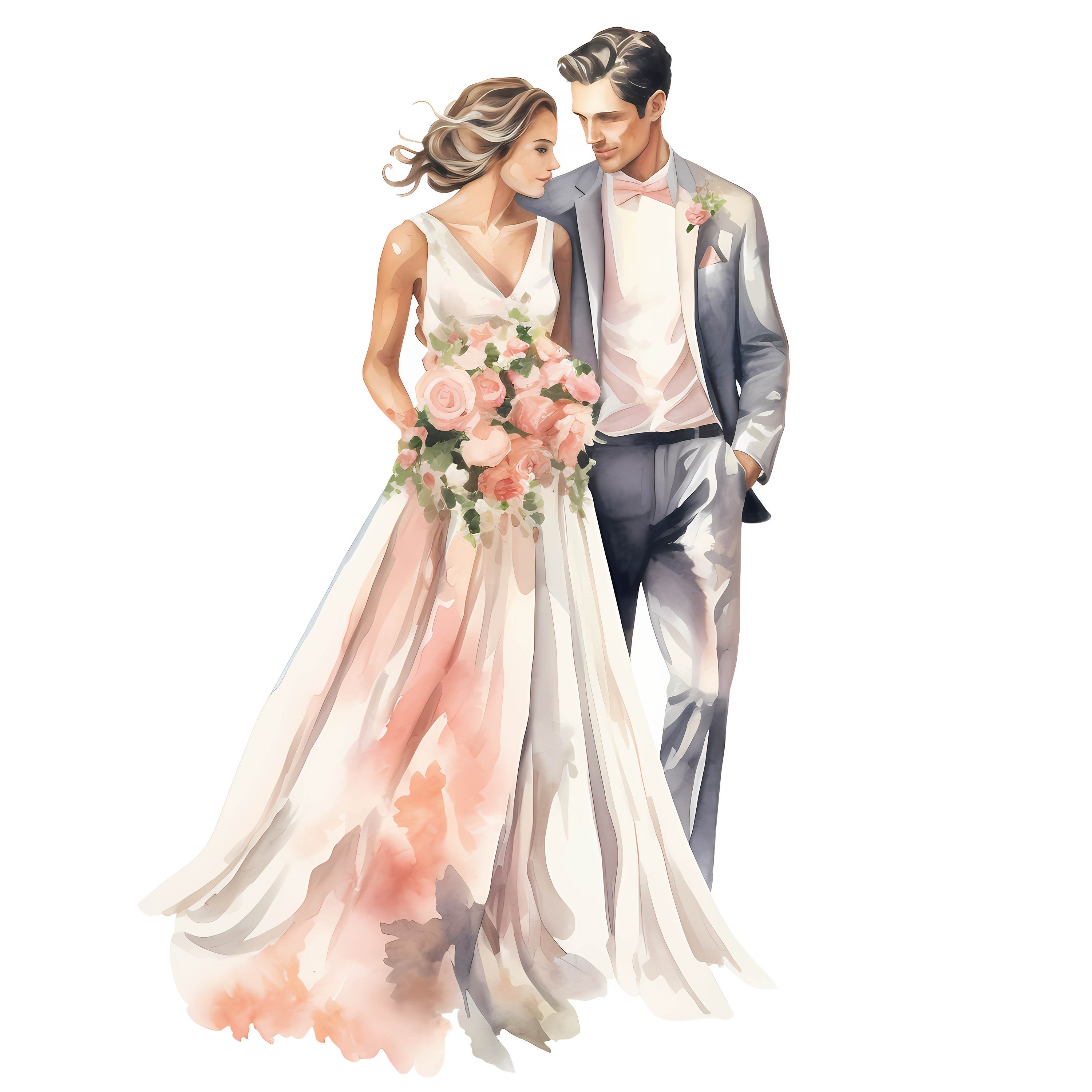 Bride and Groom Watercolor Clipart Bundle, Bride and Groom Wedding Day ...