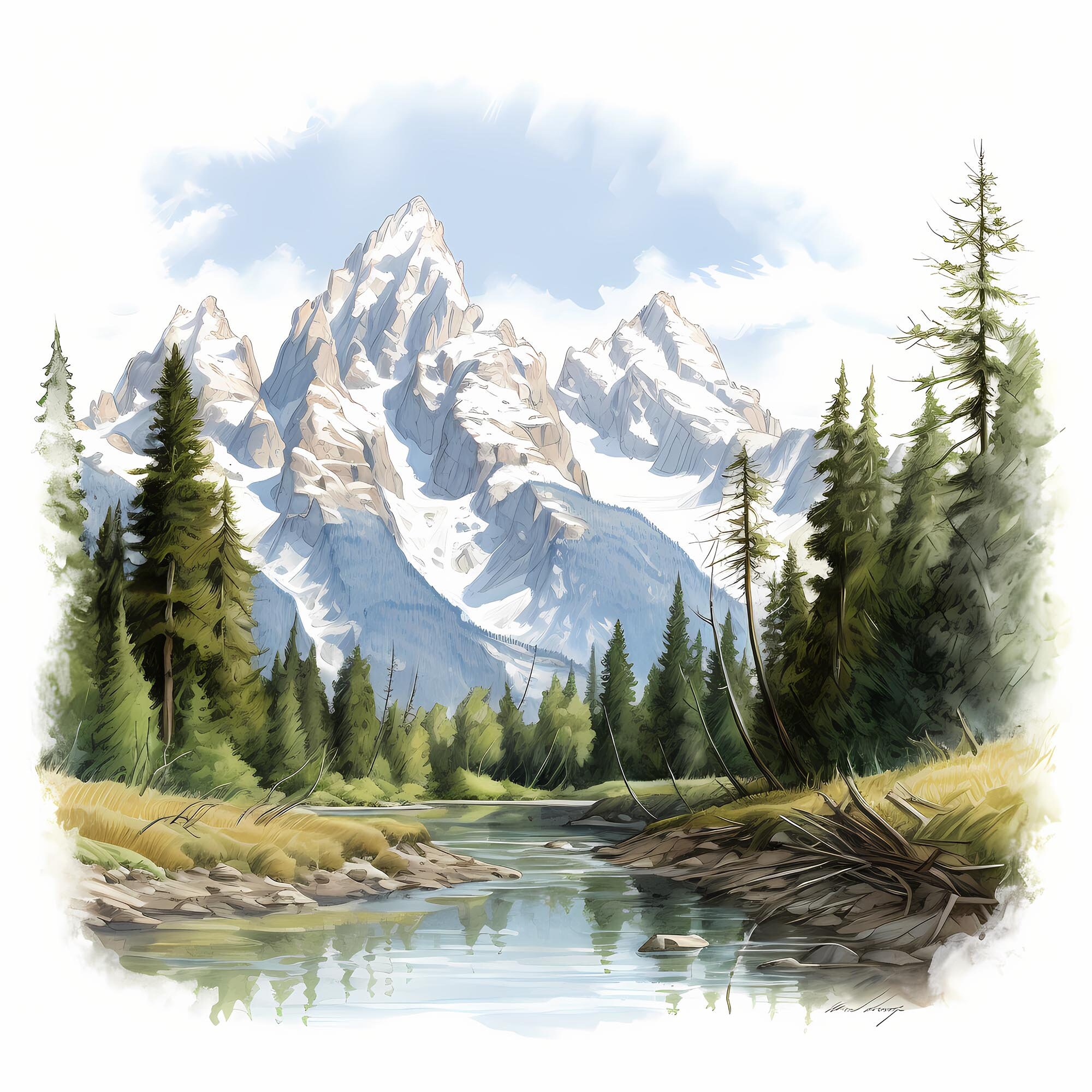 Grand Teton National Park Watercolor Sketch Art Set, Grand Teton ...