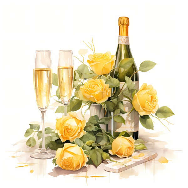 Lot de roses jaunes et champagne aquarelle clipart, faire-part roses jaunes et coupe de champagne, fabrication de cartes, techniques mixtes, publicité