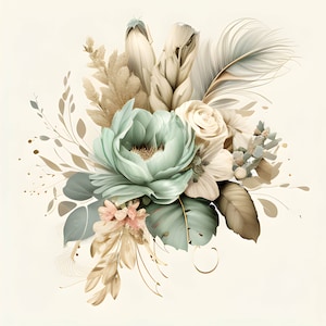 Aquarel bloem & veren boeket clipart, bloem en veren groen-goud clipart, bruidsboeket, kaart maken, scrapbooking, ongewenste dagboek