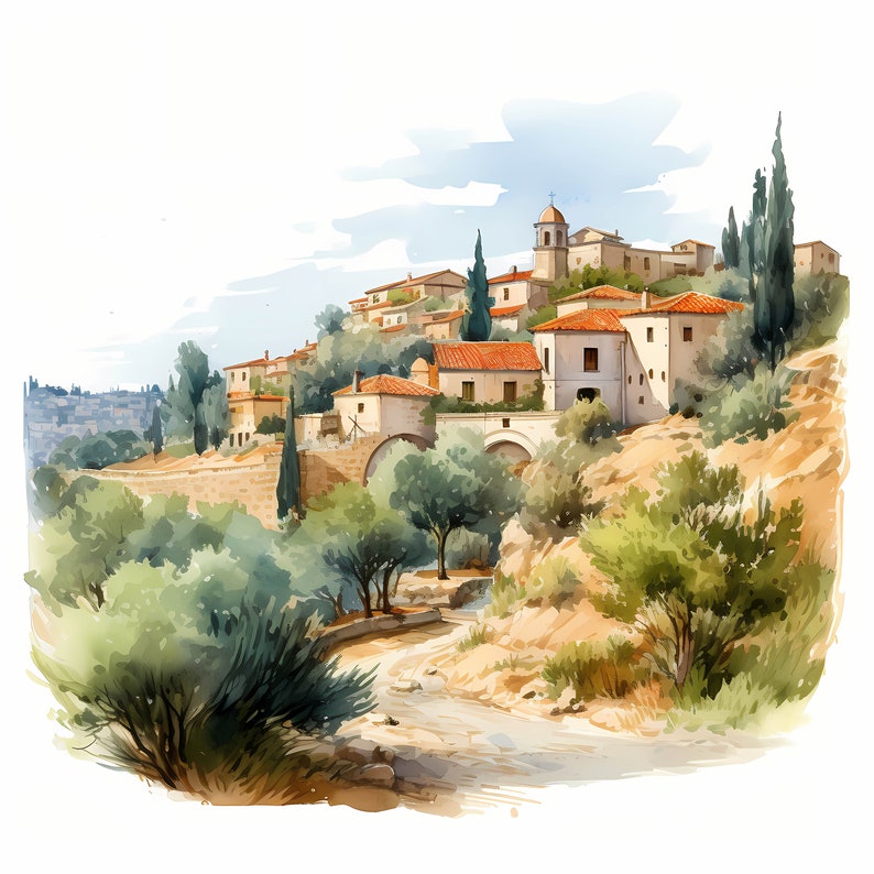 Mediterranean Landscape Watercolor Clipart Bundle, Mediterranean Landscape Printable Sketch, Card Making, Mediterranean Scenery, Commercial Use