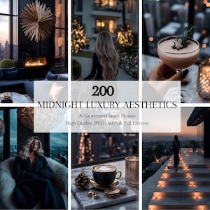 Op de afbeelding: Een collage van afbeeldingen die een luxe esthetiek laten zien. De afbeeldingen tonen een moderne woonkamer met een open haard, een vrouw in een zwarte jurk die een verlichte trap afloopt, een kopje koffie met een dennenappel en een glas cocktail met een garnering.