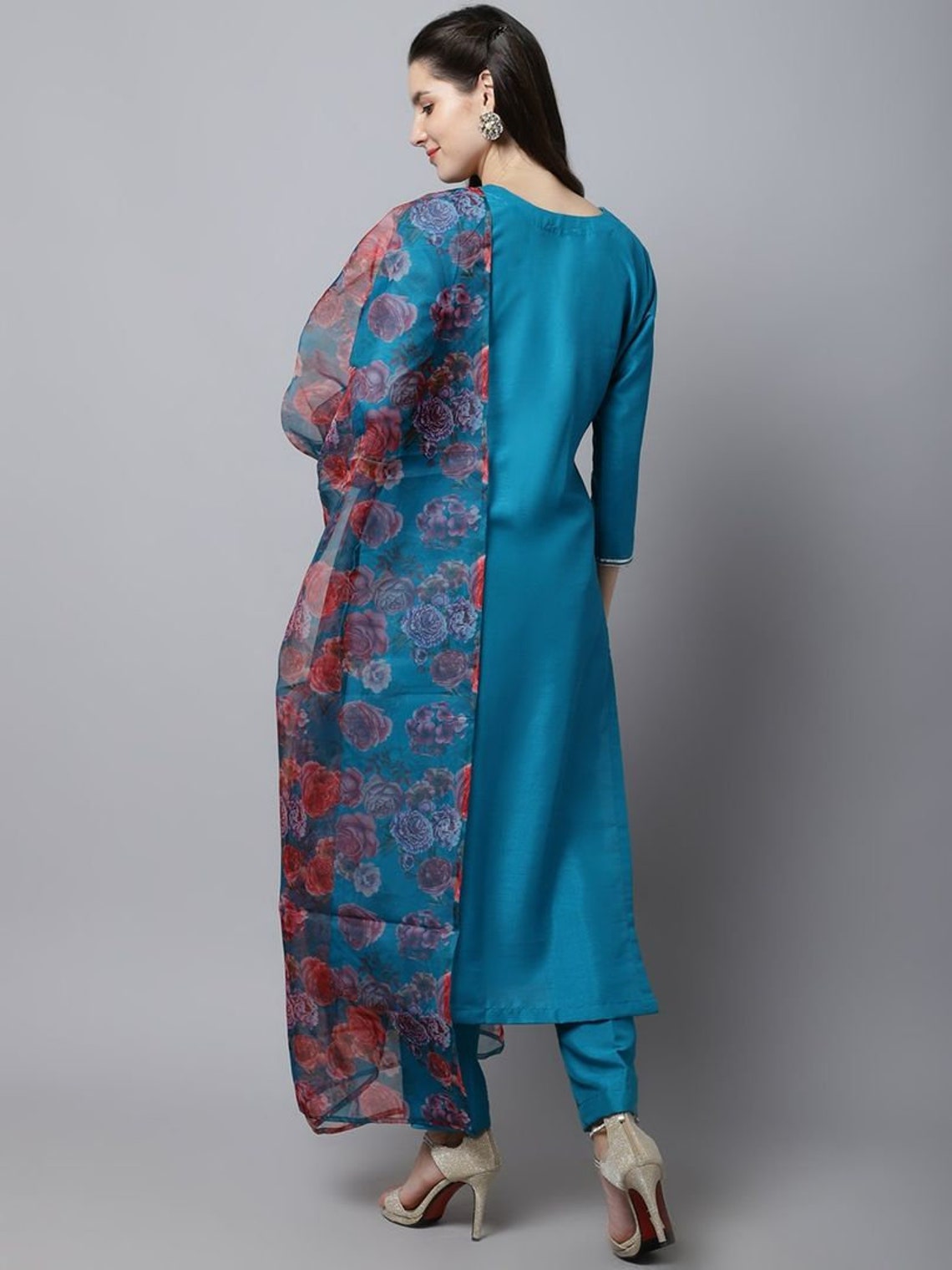 Imperial Navy Soft Denim Kurta with Princess Line Gold Stitching & Wooden Accents