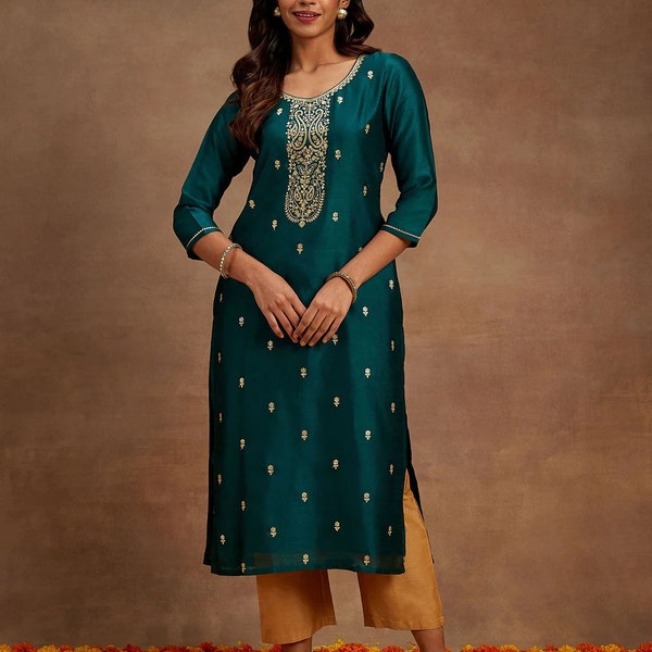 Indian Winter Woolen Kurta - Blue & green Embellished Yoke Design Pashmina Wool Straight Kurta - Kashmiri Kurta - Indian Long Tunic - Kurti