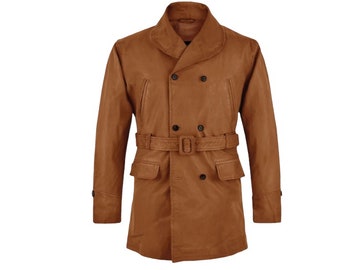 Trench Coat For Men | Handmade Brown Leather Coat | Real Sheepskin Leather Trench Coat Men's- Leather Duster Coat| Trench Coat