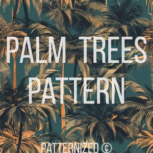 Könnte beinhalten: Ein nahtloses Muster mit einem tropischen Design mit Palmen in Grün-, Braun- und Orangetönen. Der Text "PALM TREES PATTERN" ist in weißen Buchstaben vor dem Hintergrund von Palmen dargestellt.