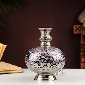 Handcrafted Surai Shape Blue Brass Vase | Unique Marori Engraved Vase | Luxury Home Décor | Collectible Indian Art | One-of-a-Kind Gift
