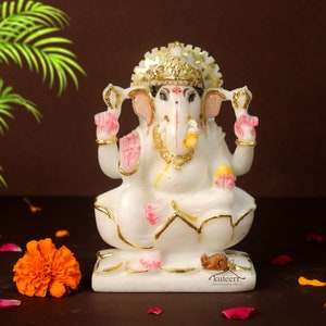 Small Ganesha Statue Pure Marble Ganesh Idol Ganapati Murti Sculpture Ganpati Hand-carved in Single Pure Marble Ganesh Moorti for temple