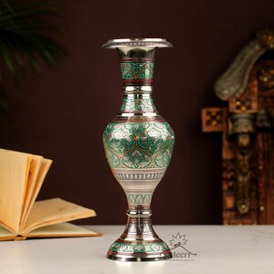 Hand Carved Green Vase: Antique Brass Engraved Rajasthani Artwork