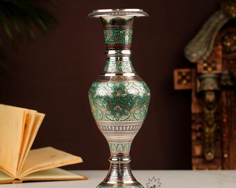 Hand Carved Green Vase: Antique Brass Engraved Rajasthani Artwork