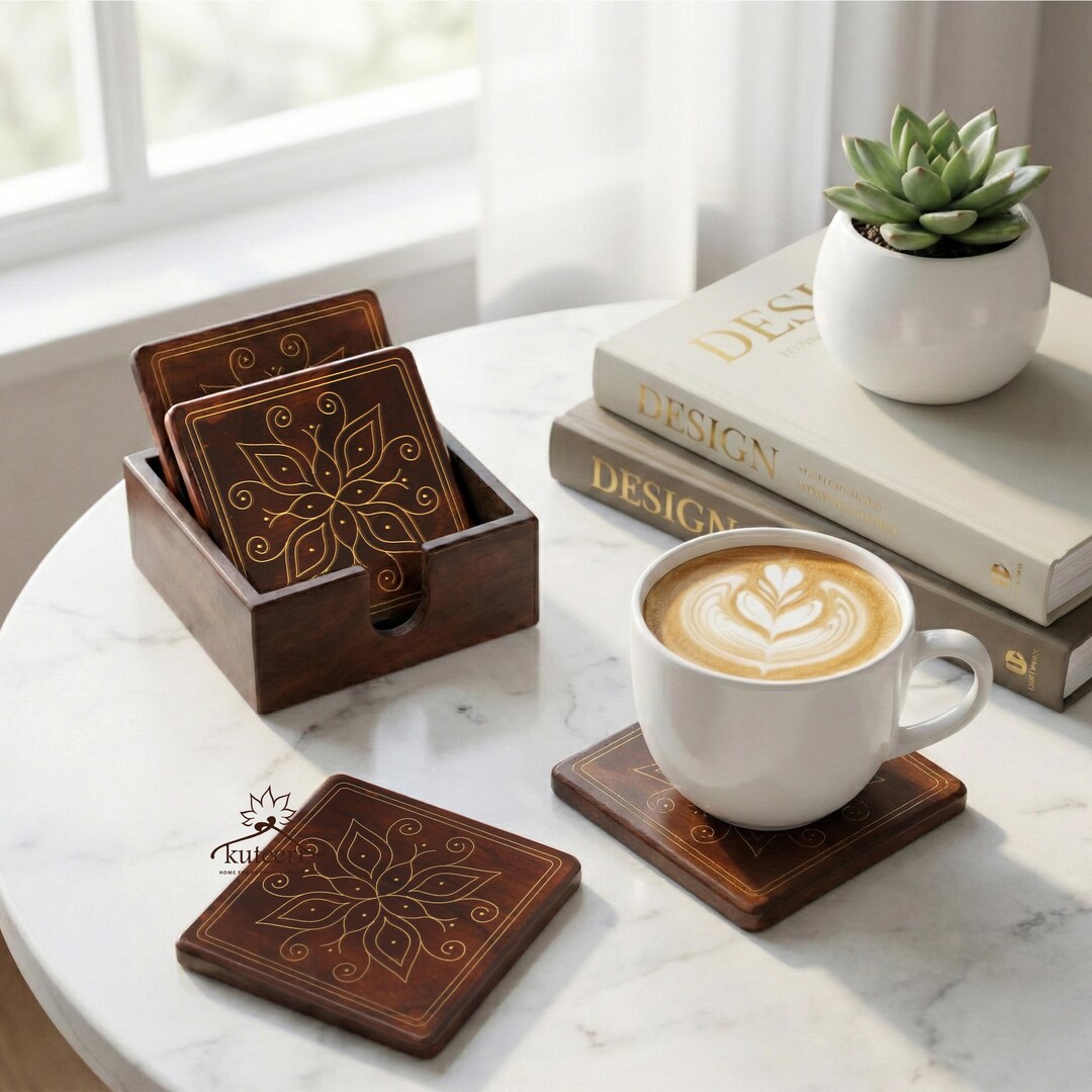 Wooden Coaster Set With Holder | Tarkashi Brass Inlay Coasters ...