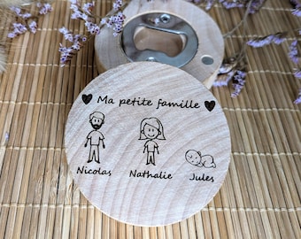 Décapsuleur-magnet famille personnalisé en bois (fête des mères et père, future maman et papa, cadeau anniversaire, naissance, tonton, papy)